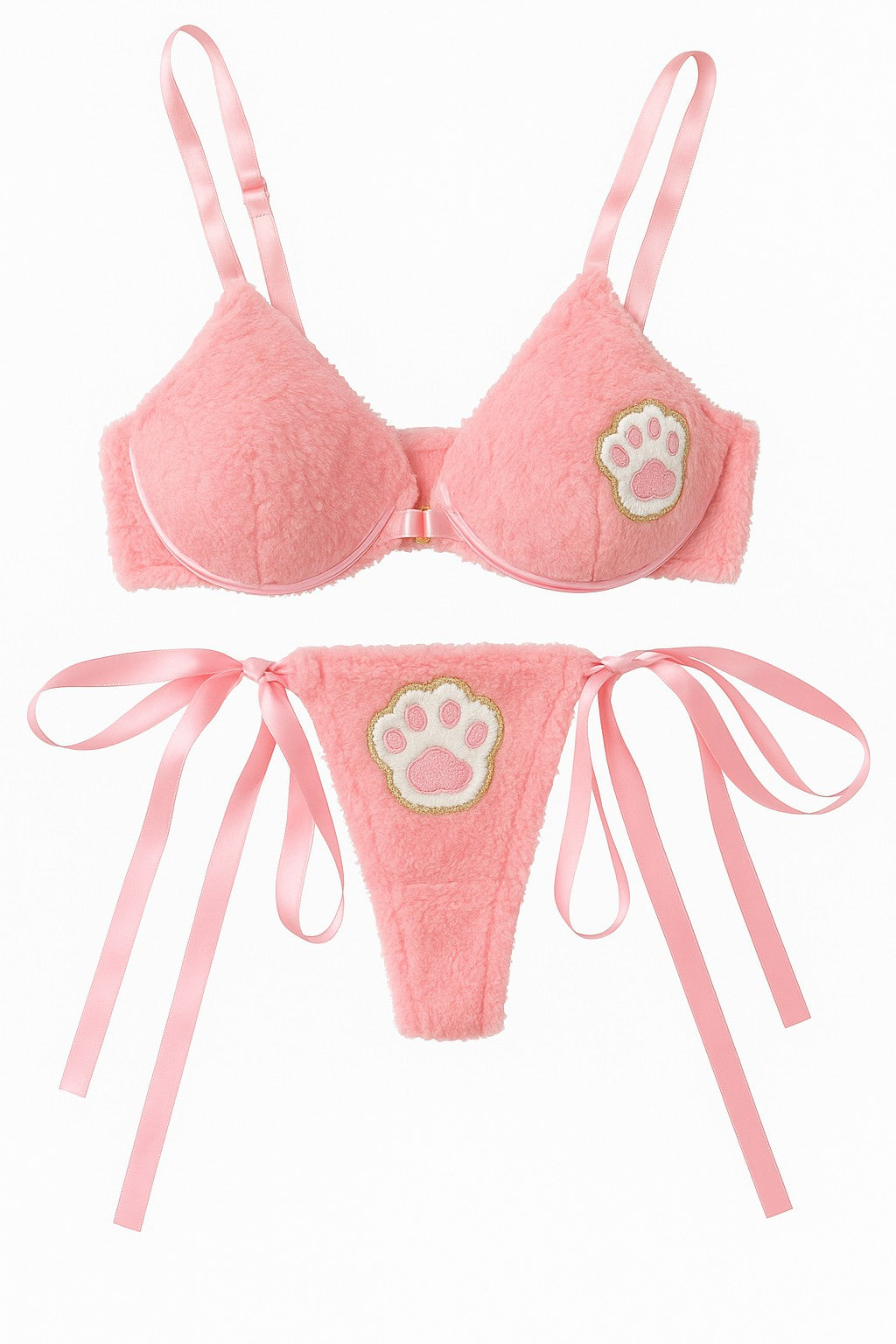Pluche Roze Lingerieset met Satijnen Strikjes